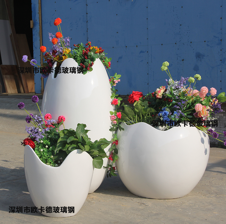 广东玻璃钢花盆 蛋壳北欧现代白色简约花器 厂家直销